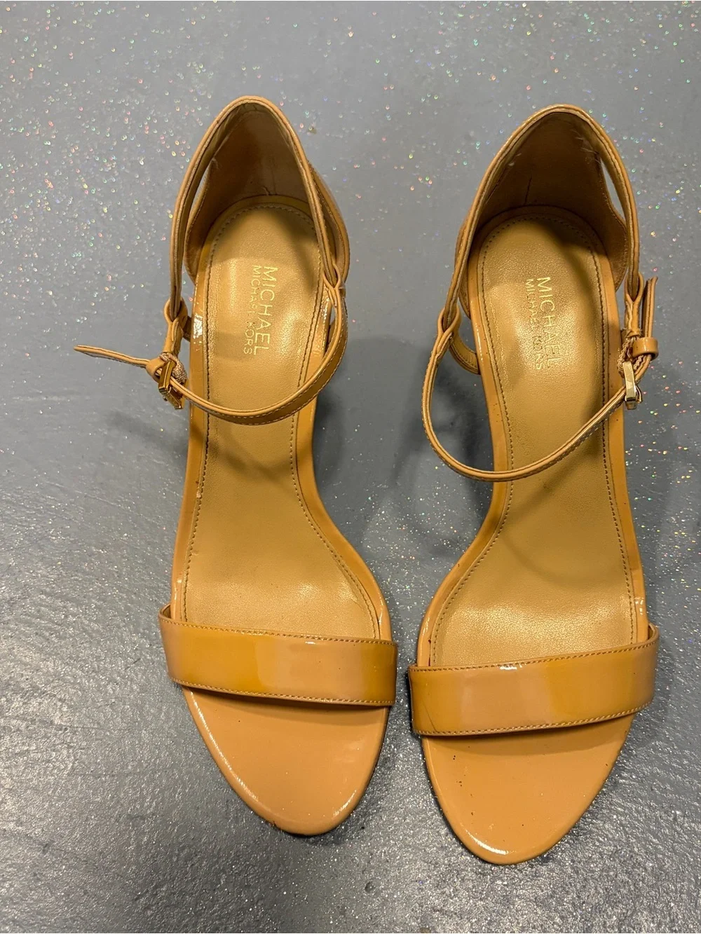 Michael Kors Patent Strappy High Heel Sandals in Tan